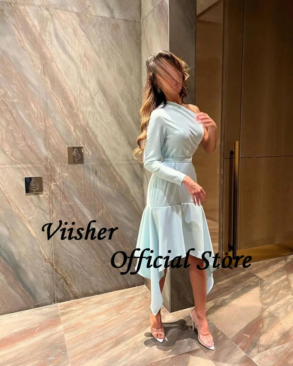 Viisher-Um Ombro Pregas Vestido de Cetim, Vestido de Festa Apertado, Vestido de Form, Comprimento Chá, Dubai, Árabe, Formal, Sereia, Aqua