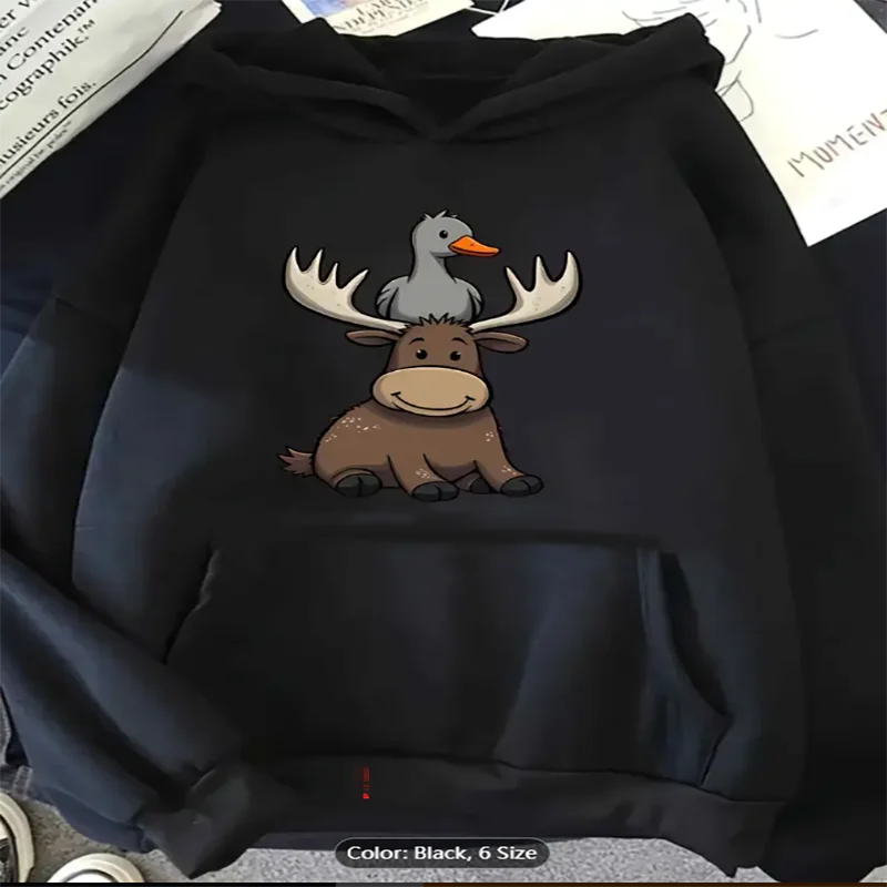 

Женская уютная толстовка на флисовой подкладке, игривый лось, гусь, графический принт, повседневная толстовка с длинными рукавами, всесезонная удобная одежда
