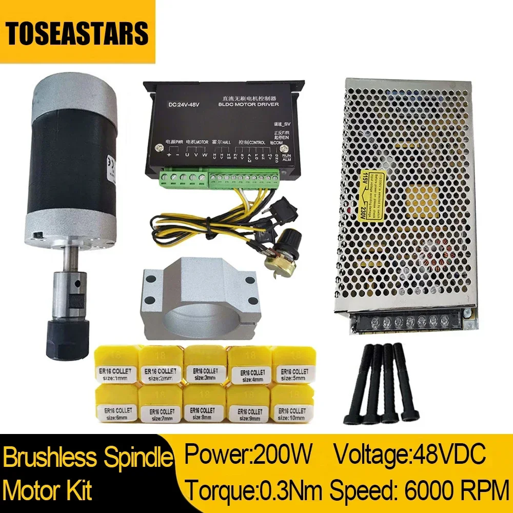 

CNC Brushless Spindle 200W 0.3Nm 0.2KW 48V 6000RPM With Hall Sensor ER16 Collet 55mm Clamp Bracket Power Supply for Cnc Router