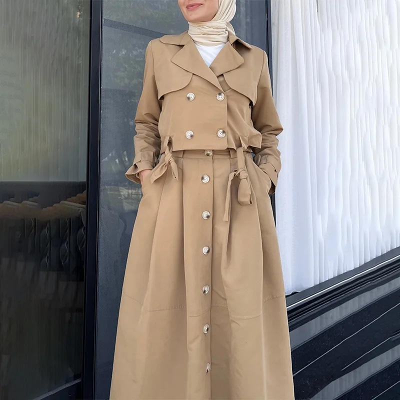 

HUISONG 2025 Women High Elastic Waist Skirt Set New Commuting Elegant Style 2pcs Solid Color Suit Button Set Skirt Spring Autumn