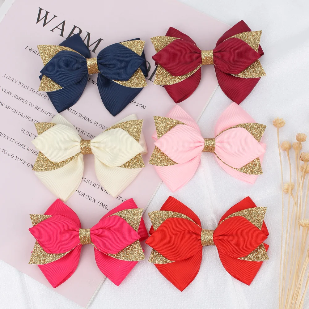 4inch 1/2Pcs Glitter Bow Hair Clips For Girls Boutique Hairgrips Solid Grosgrain Ribbon Hairpins Kids Hair Accessories Headdress