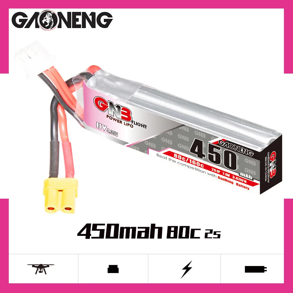 GNB LiPo Battery HV 2S 7.6V 450mAh 80C/160C With XT30 For Racing Drone FPV Quadcopter Helicopter Parts 7.6V Rechargeable Battery