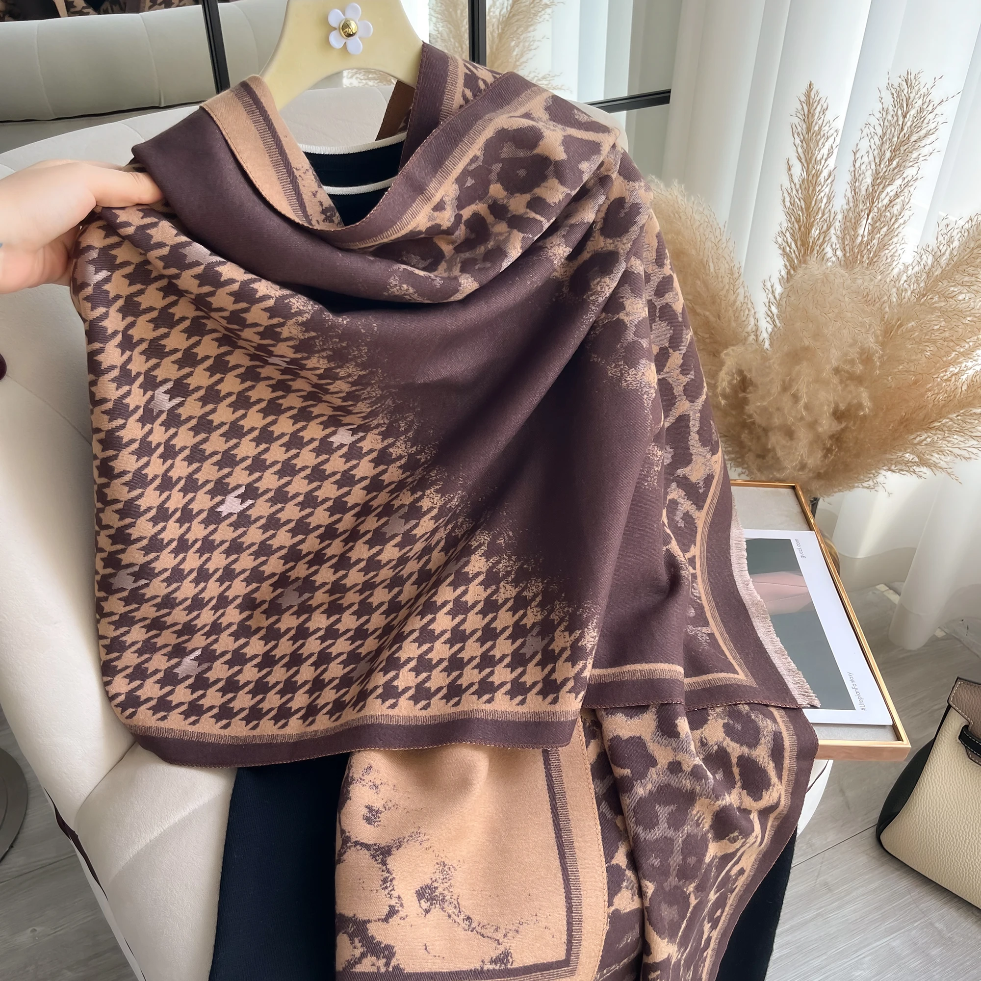 Écharpe Pashmina Double Face en Cachemire de Marque de Luxe, Châle Doux et Chaud à Franges Pied-de-Poule, Couverture Coupe-Vent pour l'Hiver