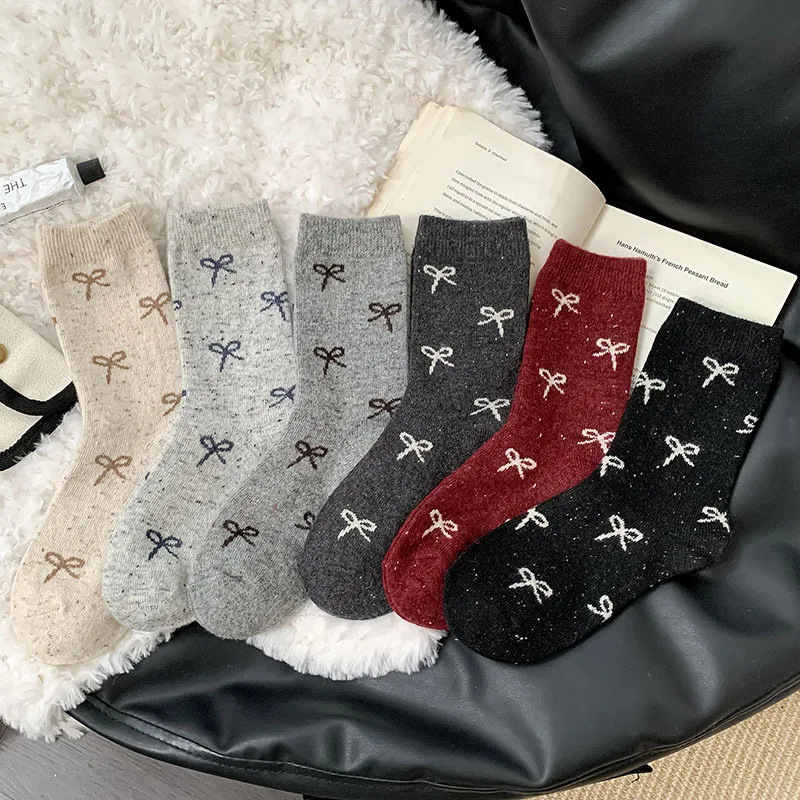 

1 Pair Kawaii Bow Mid-Calf Socks Wool Blend Thermal Slouch Sock| Japanese Sweet Style Winter Wear Instagram Fashion Crew Socks