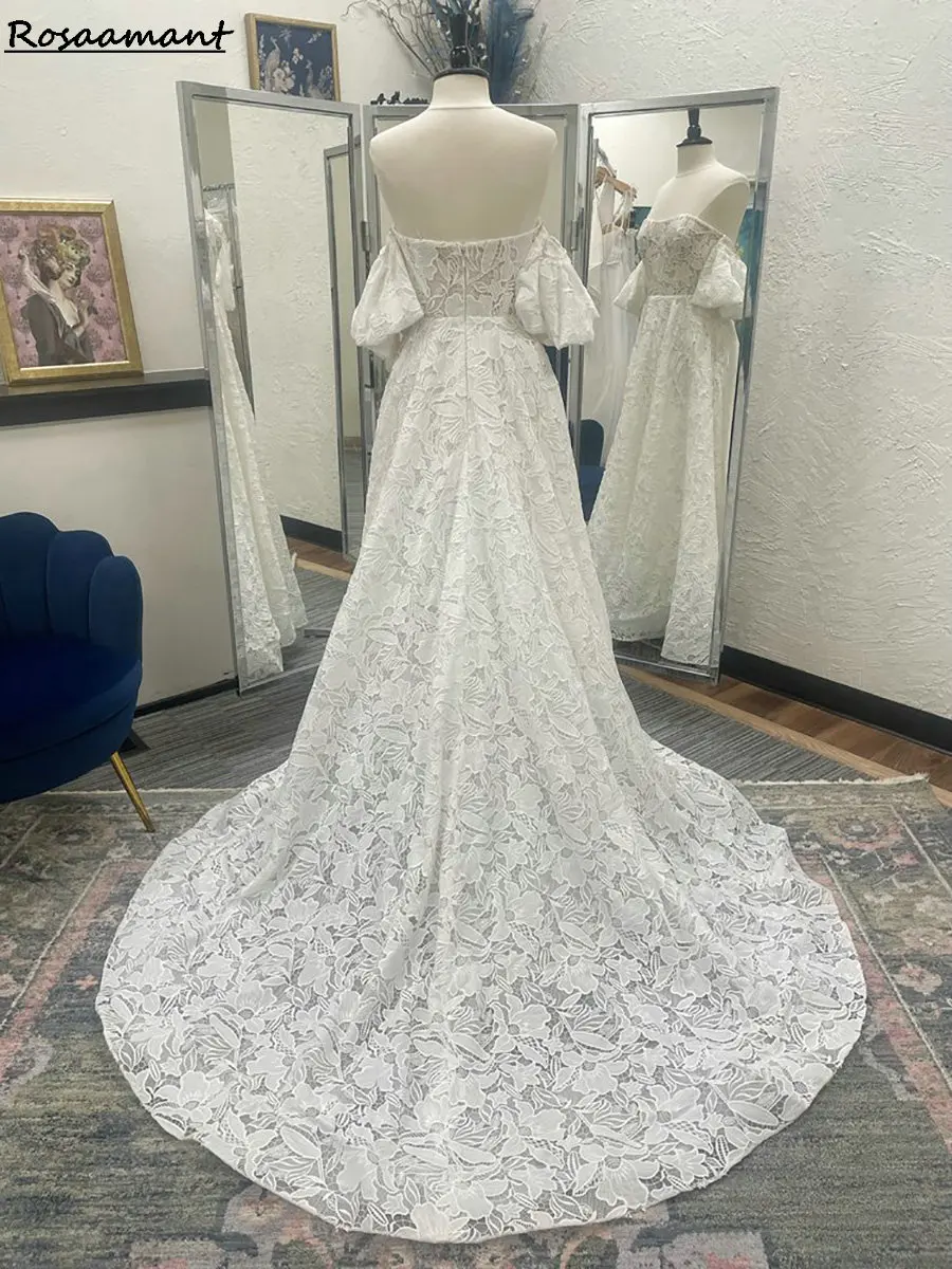 الدانتيل الكامل قبالة الكتف ألف خط فساتين الزفاف الحبيب كم قصير أثواب الزفاف البلد