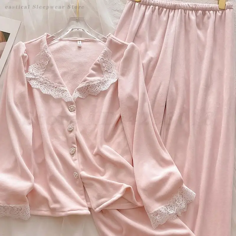 

Island Velvet Long Sleeve Pajamas Trouser Suits Sweet Lace Sleepwear Lounge Wear Autumn Winter New Nightwear Loose Home Wear