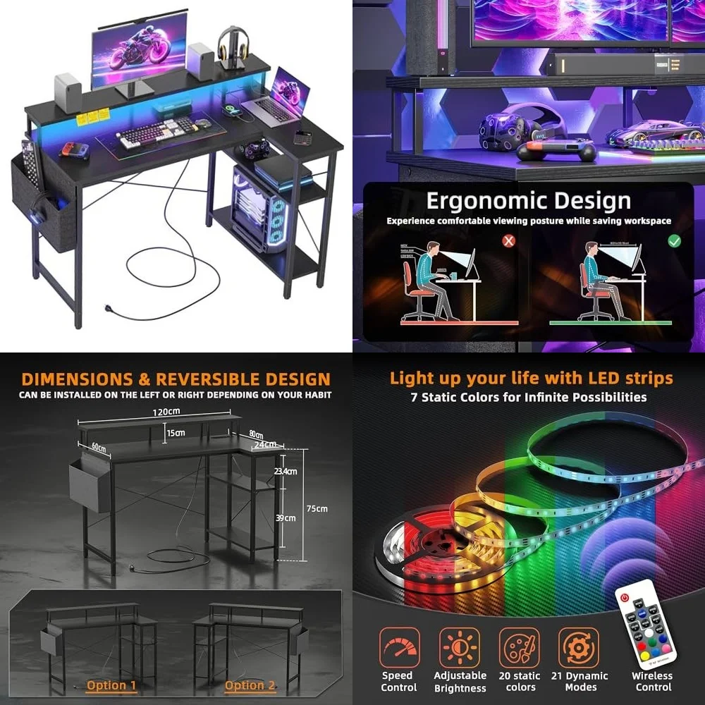 

Computer DesksL Shaped Gaming Desk with Built in Power Outlets and RGB LED Lighting 47 Inch