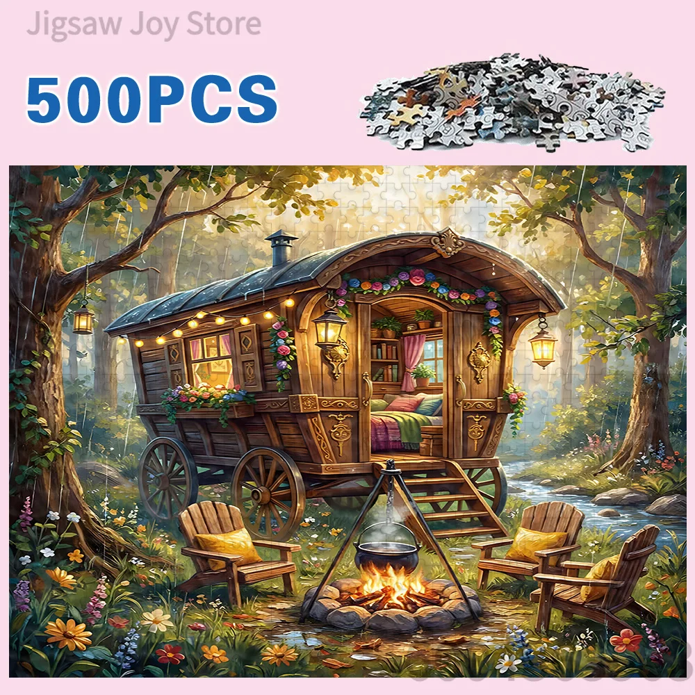 500-2000PCS Jigsaw Puzzle, Colorful Beach Shop, Enchanted Forest Wagon, Cute Screaming Cats, Retro Ice Cream Van Jigsaw Wall Art