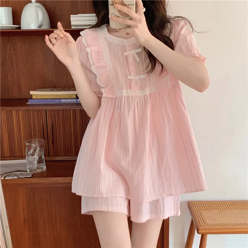 Soft Home Spring Solid Short Sleeve Sweet Casual Kawaii Pajamas Set Women Lace Loli Loose Comfortable Ins O-Neck Vacation