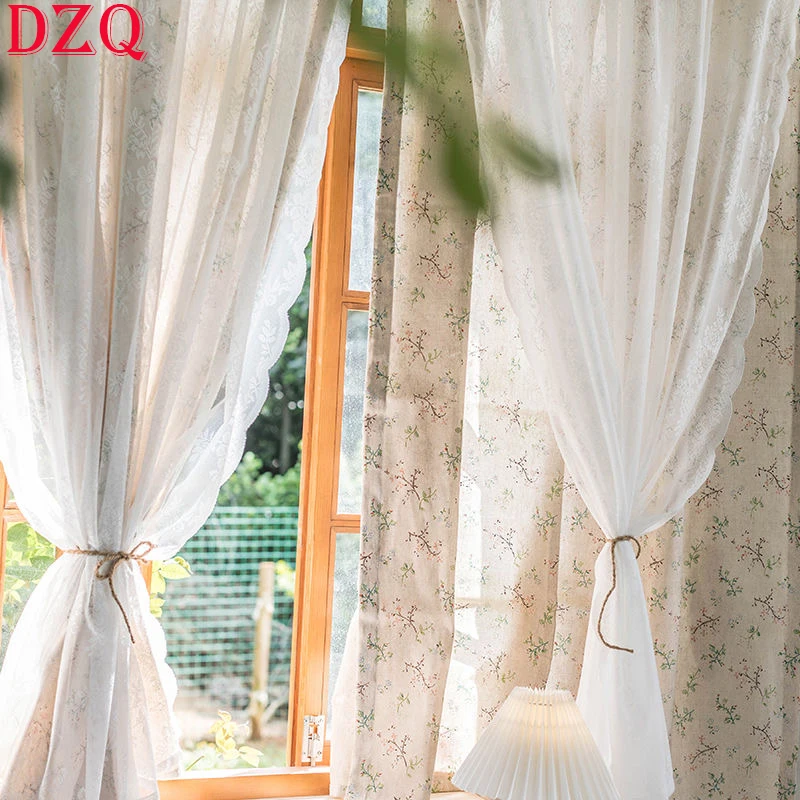 American Rural Small Grass Window Tulle Door Curtains Living Room Linen Floral Double Layer Lace Curtains for Kitchen #A281