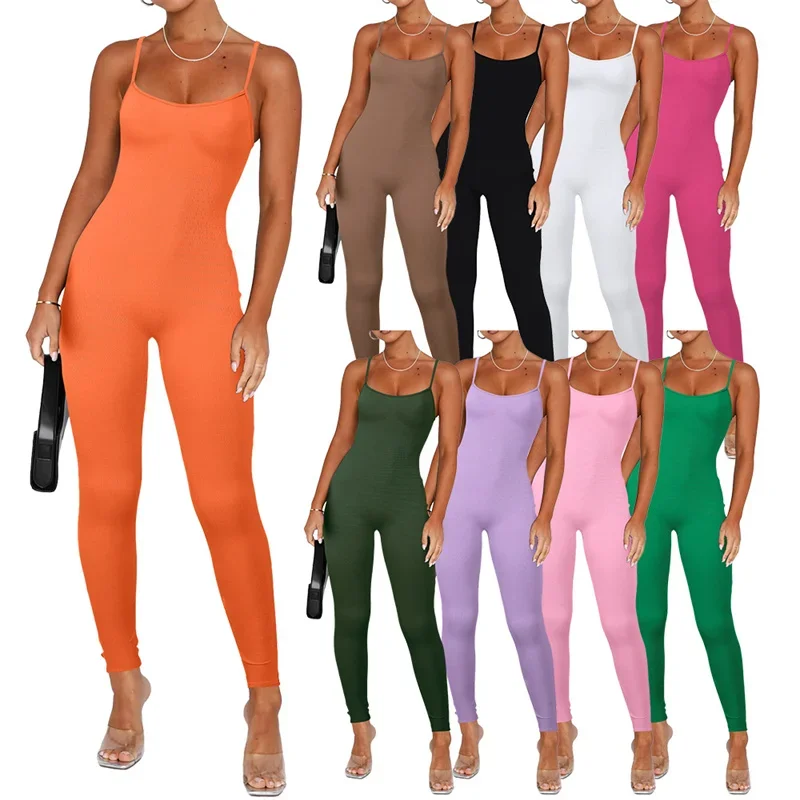 Casual Solid Knit Ribbed Skinny Slim Jumpsuits for Women Fitness Yoga Stretchy Comfortable One Piece Knitted Jumpsuit Rompers