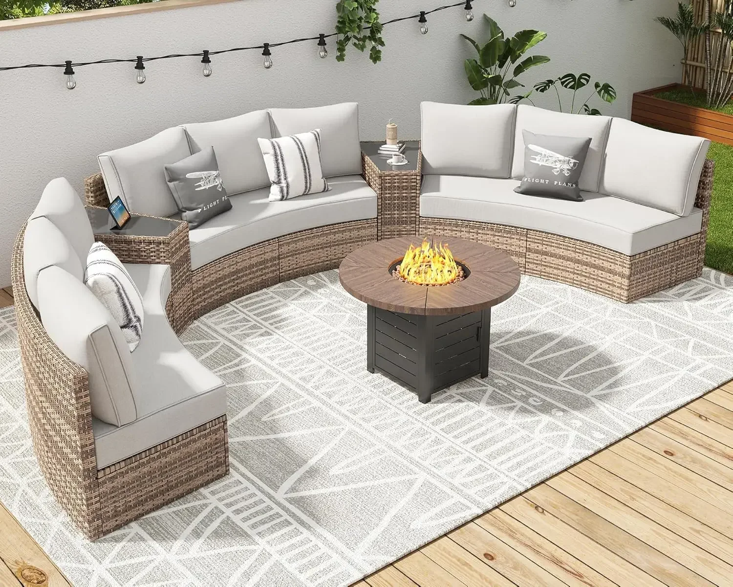 Conjuntos de muebles de patio, juego de sofás redondos seccionales, cojines para muebles de patio al aire libre y mesa de cuña para playa, piscina, balcón, color beige