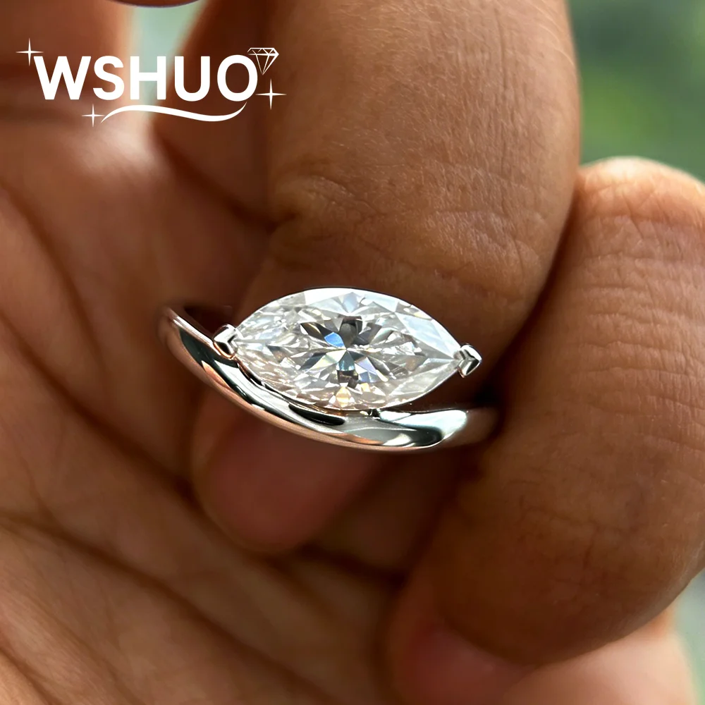 2carat Marquise Cut Solitaire Moissanite Engagement Ring Curved East To West Set 925 Sterling Silver Wedding Band For Women