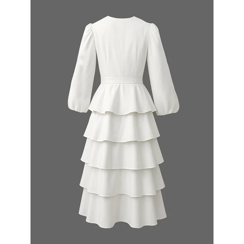 Branco decote em v manga puff em camadas bolo vestido 2026 primavera outono a linha de cintura alta multi camada casamento convidado vestidos max 189238