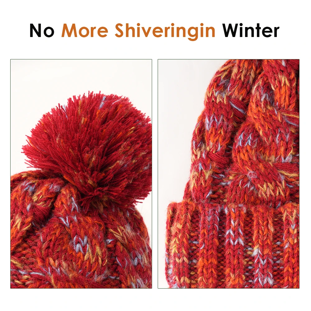 หมวกบีนนี่ถักไหมพรมบุขนแกะหนานุ่มสำหรับผู้หญิง พร้อมพู่ห้อย ขอบพับได้ หมวกไหมพรมถักลายบิดเกลียว สำหรับฤดูหนาว ให้ความอบอุ่น มีปอมปอม สำหรับผู้ใหญ่