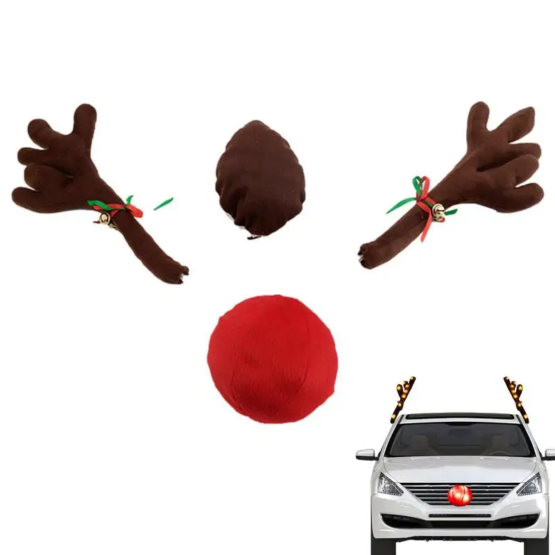 LED Reindeer Decoration Elk Antler Car Vehicle Nose Horn Costume Decor Set Rudolph Christmas Reindeer Antlers Red Nose Ornaments