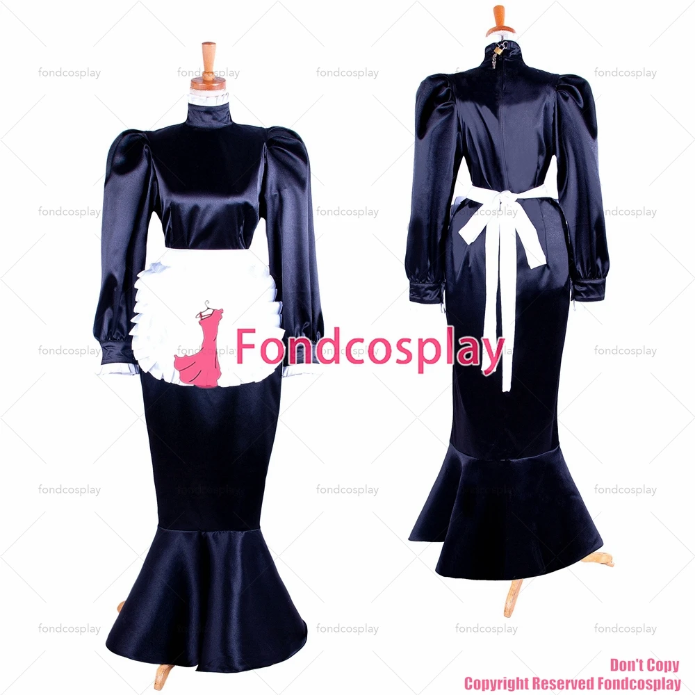 

fondcosplay adult sexy cross dressing sissy maid long lockable black Satin dress white apron Fish tail CD/TV [G1595]
