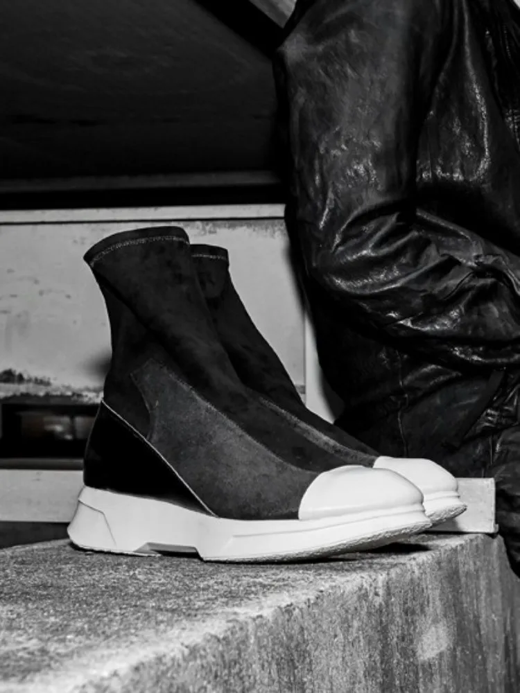 Street Style Solid Color Suede Round Toe Platform Slip-On Mid Heel Ankle Boots Comfortable Male Height Increase High Top Shoes