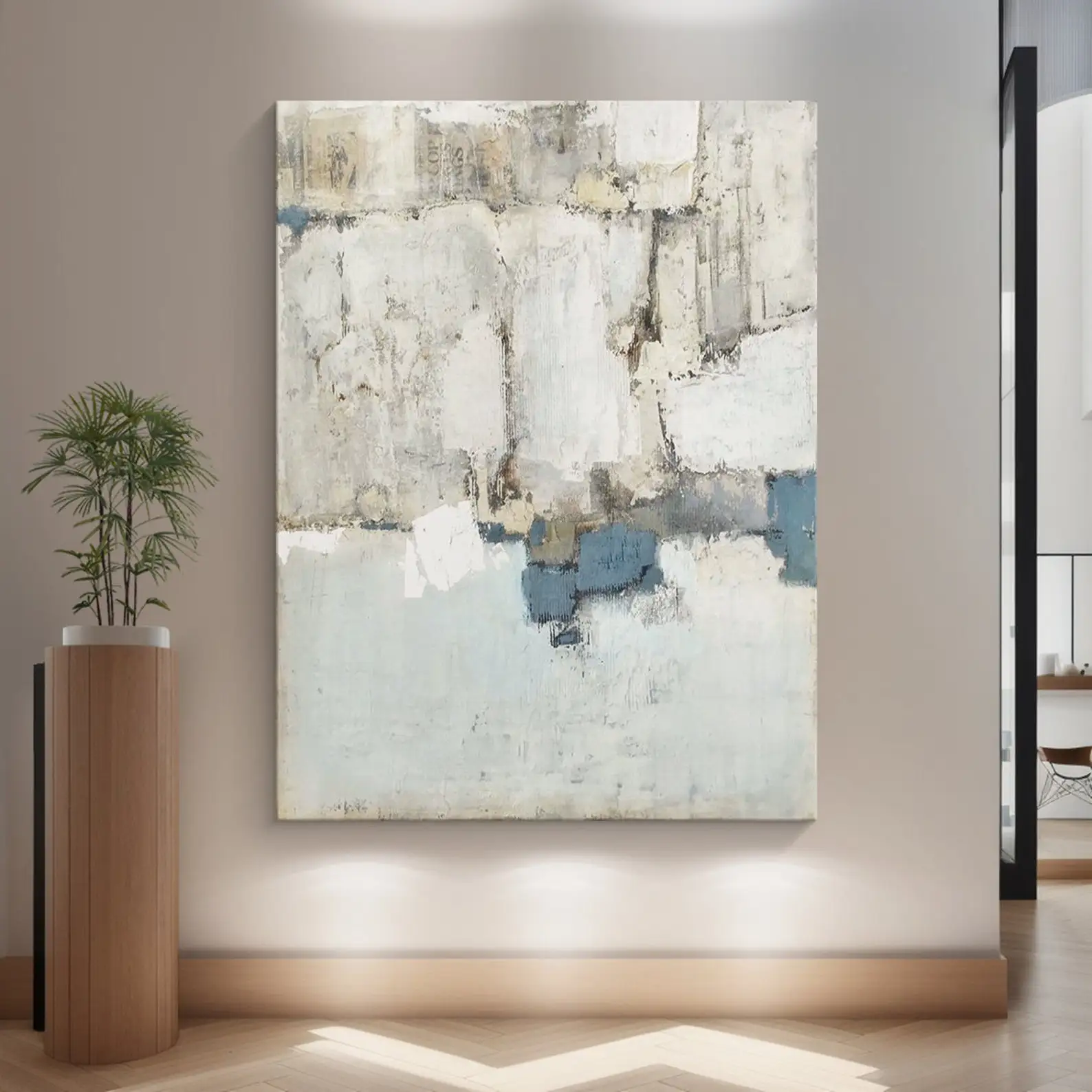 Mhemyo Large Textured Abstract Expressionism Hand Painted Oil Painting Beige White Blue Minimalist Modern Wall Art Home Decor