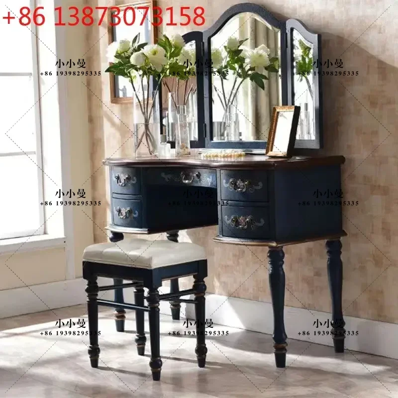 American solid wood new Chinese painting bedroom retro mirror storage integrated makeup table