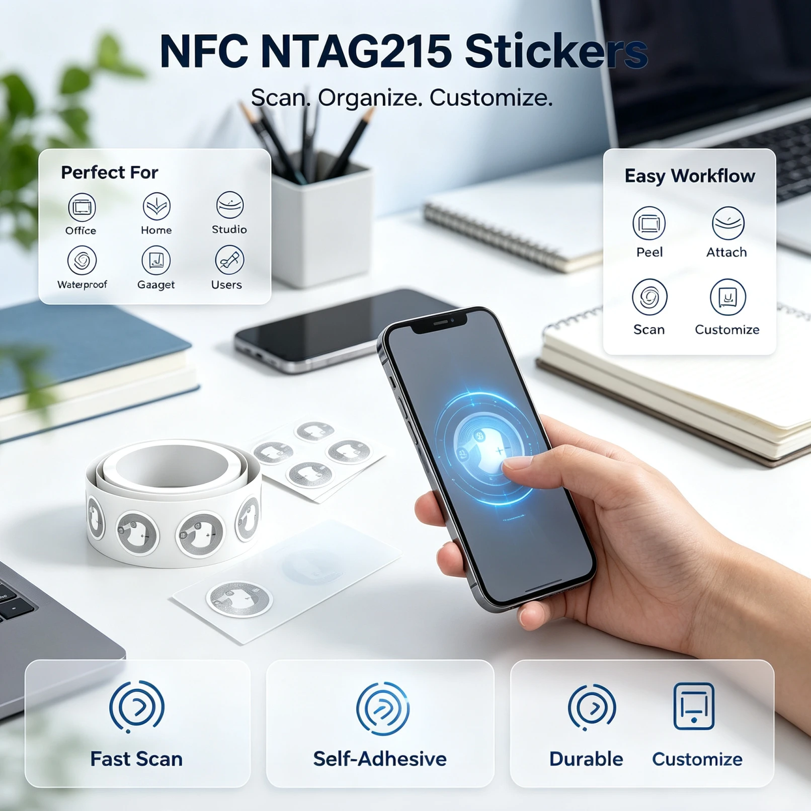NTAG215 NFC Sticker Tags 504 Byte Blank Rewritable Adhesive Labels, Universal for All NFC Enabled Mobile Phones 50-10PCS