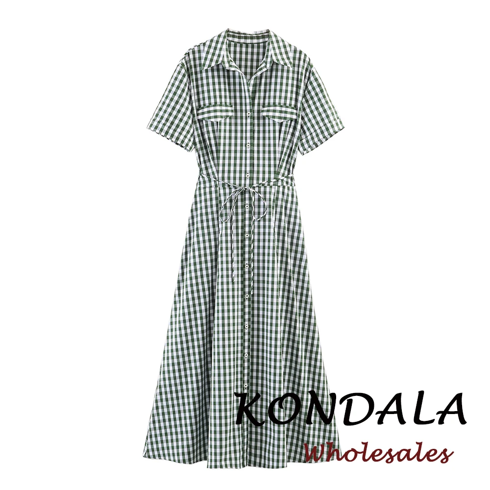 KONDALA Vintage Mode 2026 Kariertes Elegantes Damen-Hemdkleid mit Gürtel Einreihiges Lässiges Langes Kleid Streetwear Damen-Vestidos