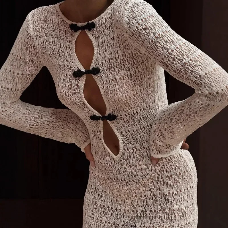 Vestido largo transparente con huecos Pop para mujer, vestido Sexy con espalda descubierta y cordones con abertura, vestido de fiesta de noche de cintura alta, Vestidos Y2k