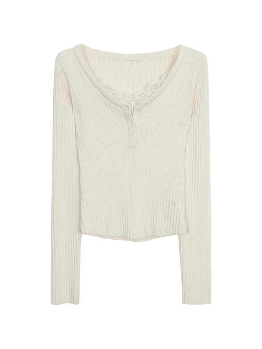 

Red Celebri V-Ne Lace Long Sve Женский трикотаж Winter Faion Повседневный прямой крой Обычный тонкий однотонный