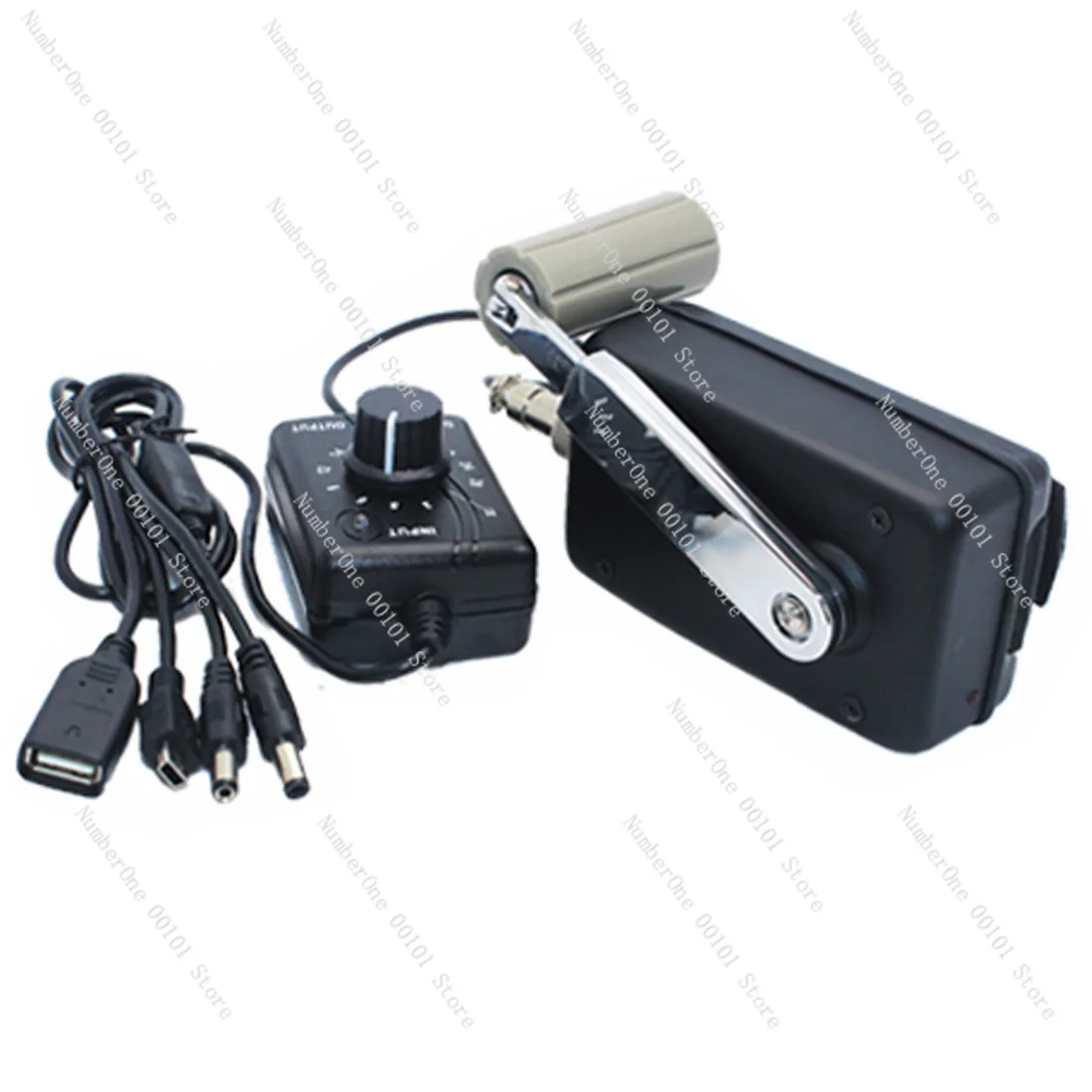 Hand-cranked generator with high power for outdoor charging of mobile phones and computers, 30W / 0-28V with USB plug