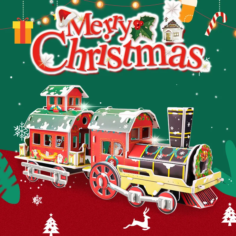 

Christmas House Train Model 3D Puzzle Kindergarten Early Educational DIY Handmade Paper Card Jigsaw for Kids Gift