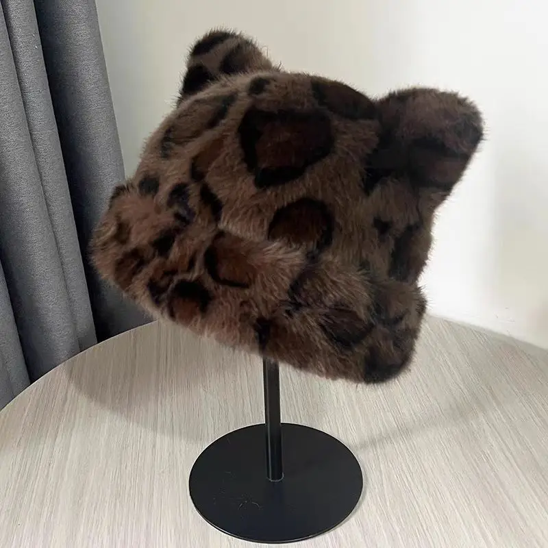المرأة الرجعية ليوبارد طباعة أفخم قبعة دلو شتاء دافئ فو المنك الأذن رفرف المنغولية الصياد قبعة ​