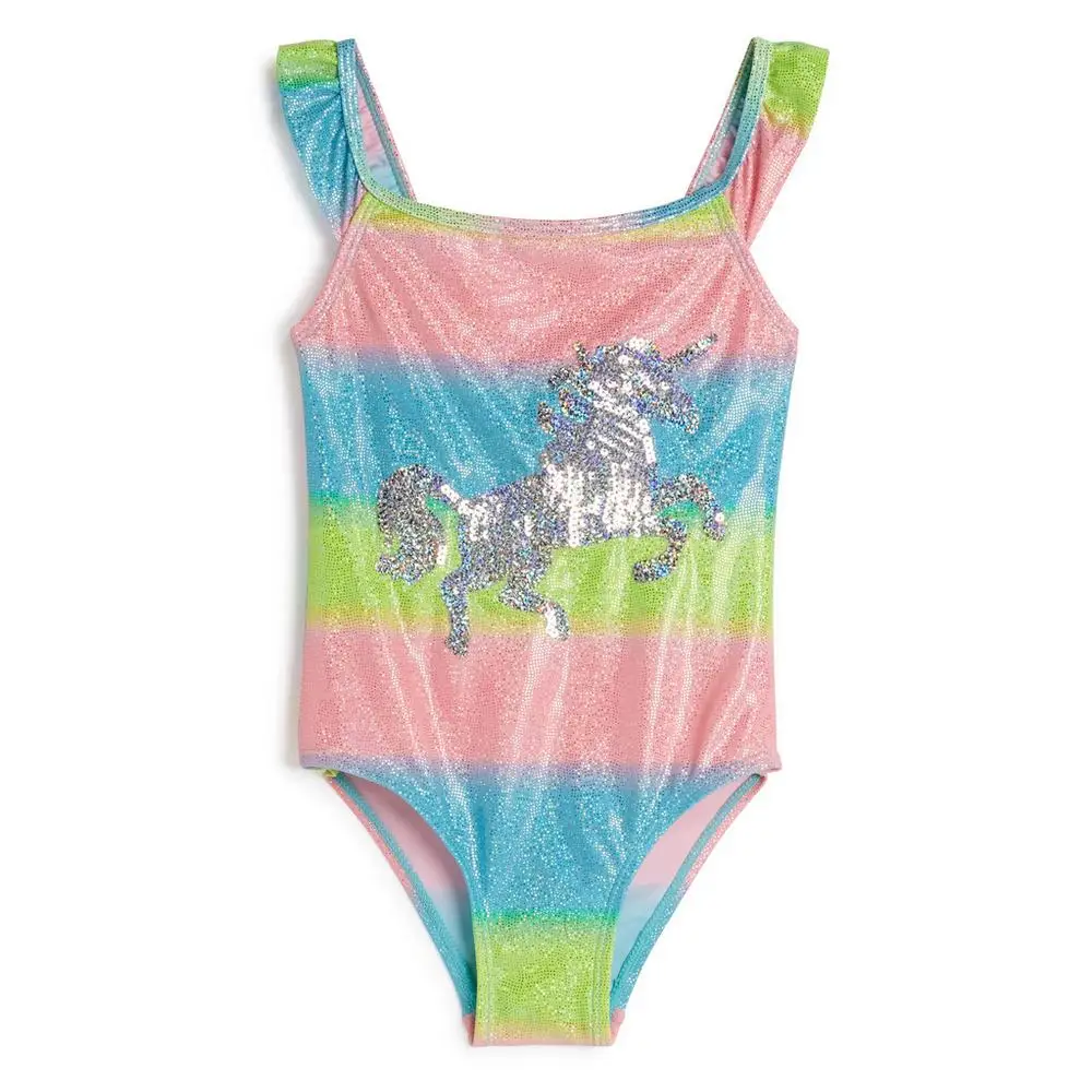 Summer Solid Shinning Children Baby Girls Kids One Piece Swimwear Swimsuit Unicorn Embroidery Deco Toddler Girls Bathing Suit