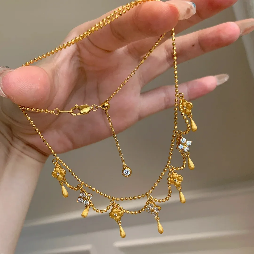 Vintage Frenchinspired Water Droplet Tassel FourLeaf Clover Necklace for Women Elegant Luxe Princess Style Chain
