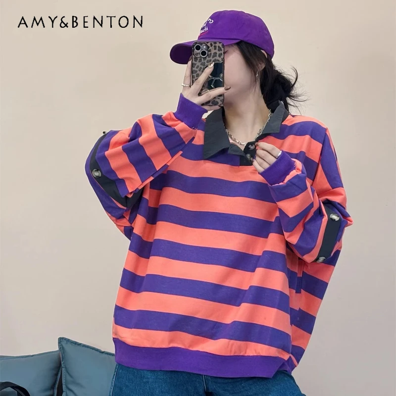 

Spring Stripes Pure Cotton T-shirt Women's Polo Collar Loose Long Sleeves Tops Age-reducing Slimming Bottom Shirt Y2k Clothes