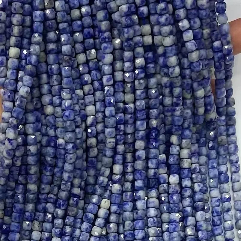 Natural Blue Dot Facted Square Shape Loose Beads Gemstone Crystal Energy Women Fashion Style Elegant DIY Bracelet Necklace 38cm