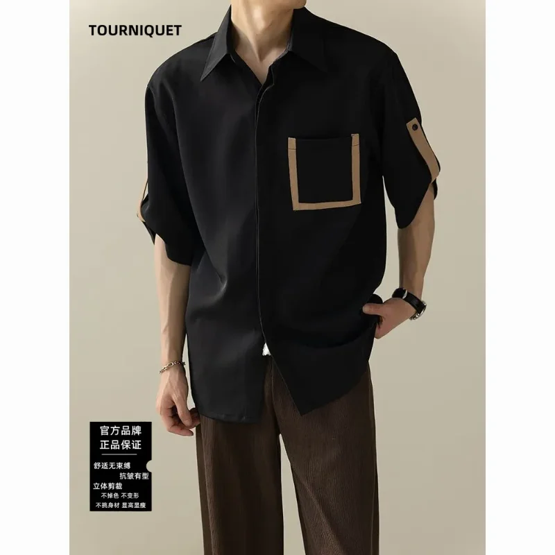 Men's Contrast Trim Roll Tab Sleeve Button Down Shirt Casual Loose Pocket Shirt
