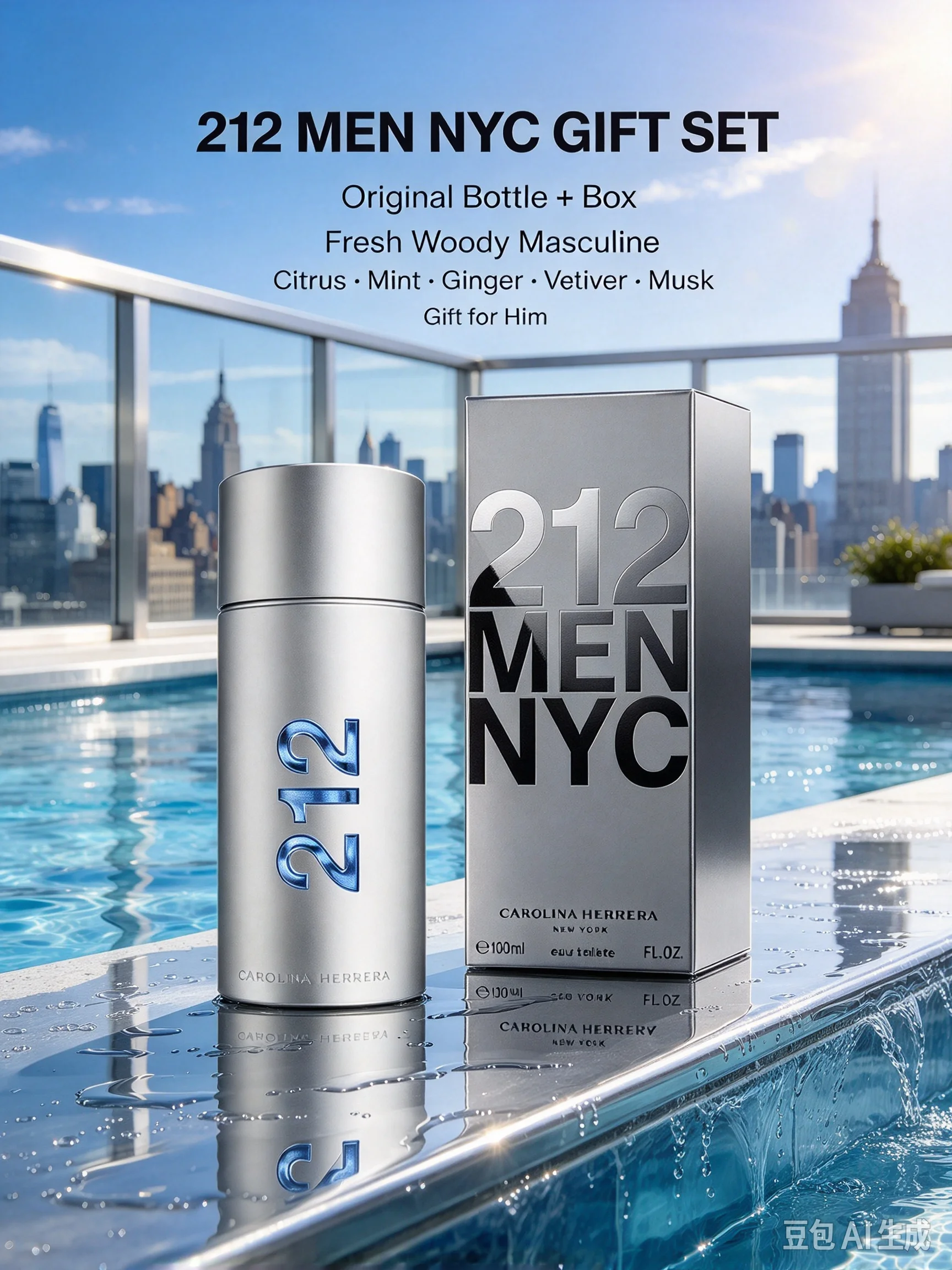 Carolina Herrera 212 Men NYC Eau de Toilette (3.4 oz / 100ml) – Fresh Green Woody Cologne with Cut Grass, Ginger & Sandalwood
