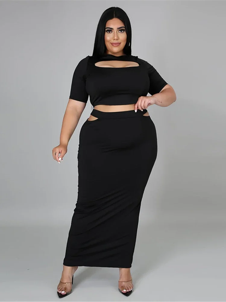 Bodycon Plus Size Dress Sets O Neck Hollow Out Short Sleeves Tops Package Hip Long Skirts Sexy Club Streetwear Two Piece Sets