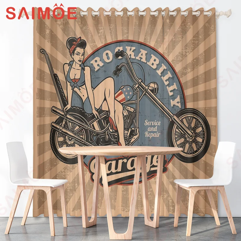 3D Summer Vintage Artwork Beach Motorcycle Custom Curtains Outdoor Resort Thin Polyester Fabric Office Home Decoration with Hook