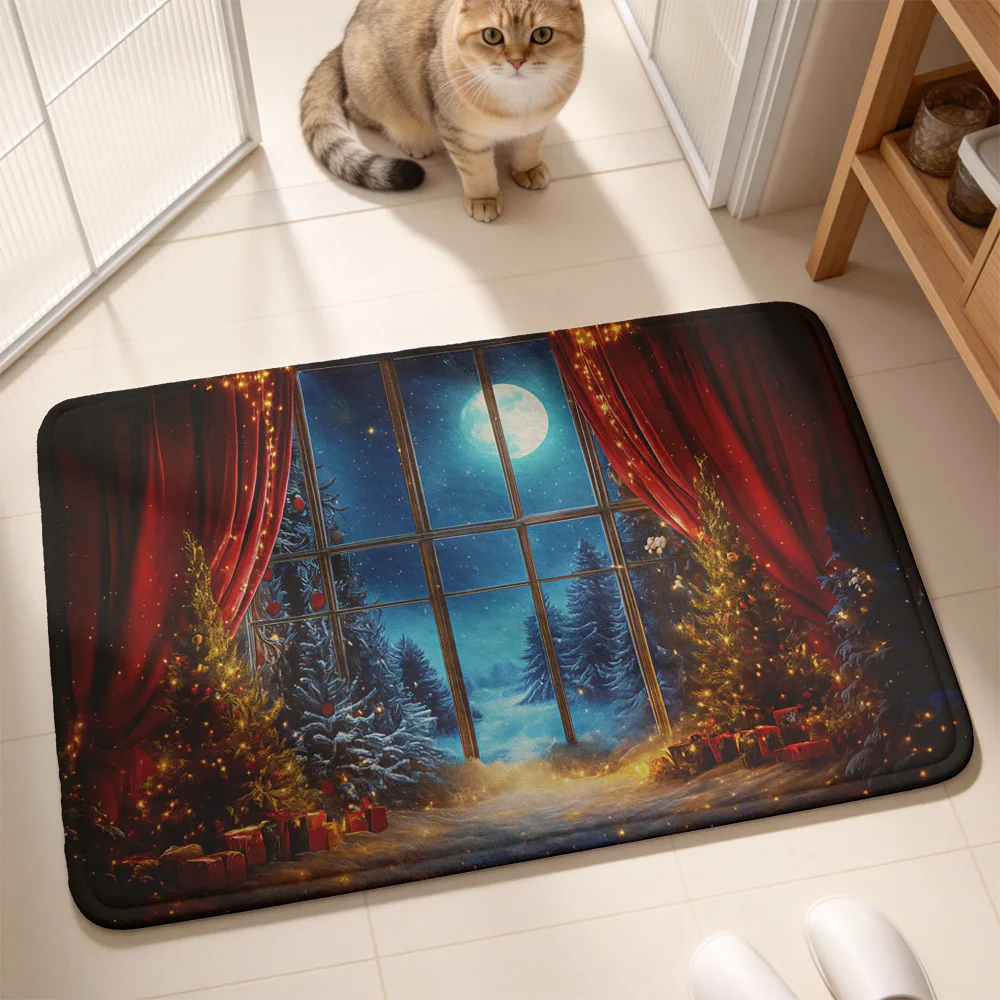 Cozy Christmas Moon Window Flannel Non-Slip Floor Mat Soft Plush Rug Water Absorbent Bath Rug Entryway Floor Carpet Living Room