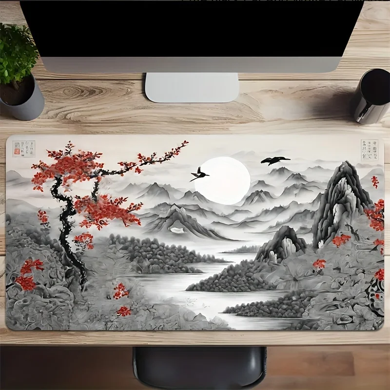 Extra Large Ink Landscape Gaming Mouse Pad, Thick Non-Slip Rubber Desk Mat, Washable with Locked Edge for Gamers