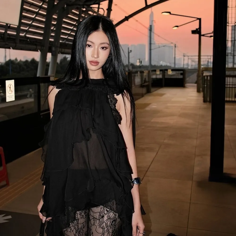 SylCue-Conjunto de 2 piezas de encaje Sexy para mujer, Tops holgados transparentes con cuello Halter y pantalón largo bordado de cintura alta, trajes de moda urbana