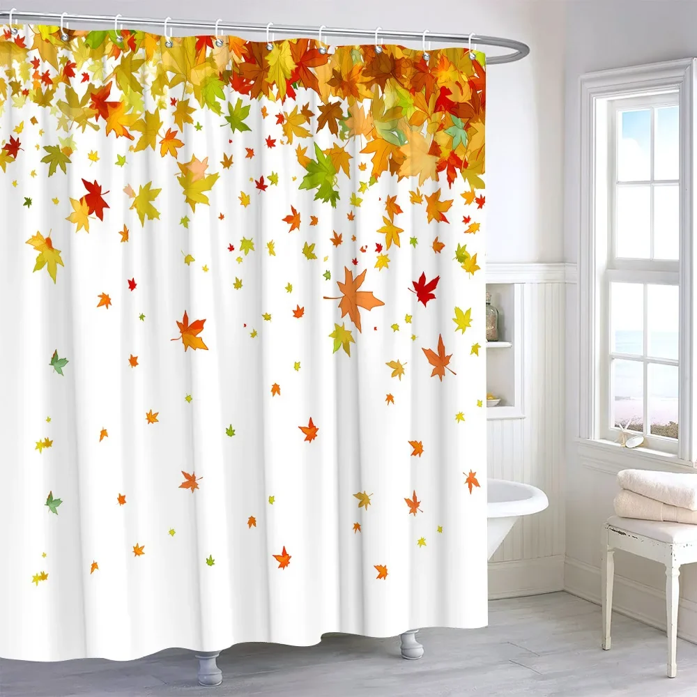 Autumn Watercolour Leaves Pumpkin Shower Curtain Maple Leaves Thanksgiving Gift Polyester Printed Shower Curtains Bathroom Decor