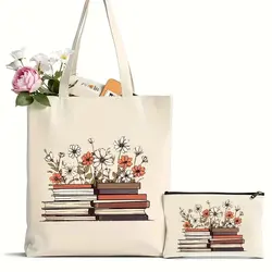 2Pcs Flowers Book Pattern Tote Bag, Canvas Large Capacity Shoulder Bag for Travel Daily Commute Women's Shopping Bag, Trendy Fol