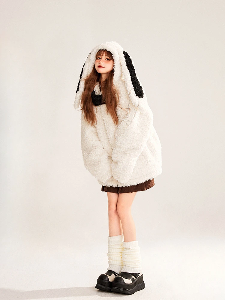 Velvet Padded Thickened Sweatshirt 2023 New Rabbit Ears Hooded Loose White Fur Coat For Women Autumn And Winter Jaqueta Feminina