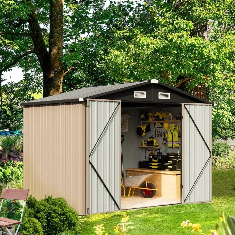 Spacious Outdoor Storage Shed,3x5/6x8/8x10FT,Durable and Stable, Garbage Can,Outdoor Metal Shed for Tool,Garden,Bike, Brown