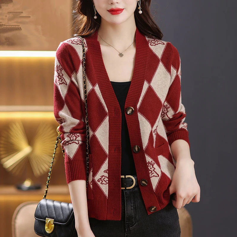 2023 donne Trendy Argyle maglione lavorato a maglia autunno inverno coreano Chic monopetto Cardigan scollo a V manica lunga sciolto top maglione