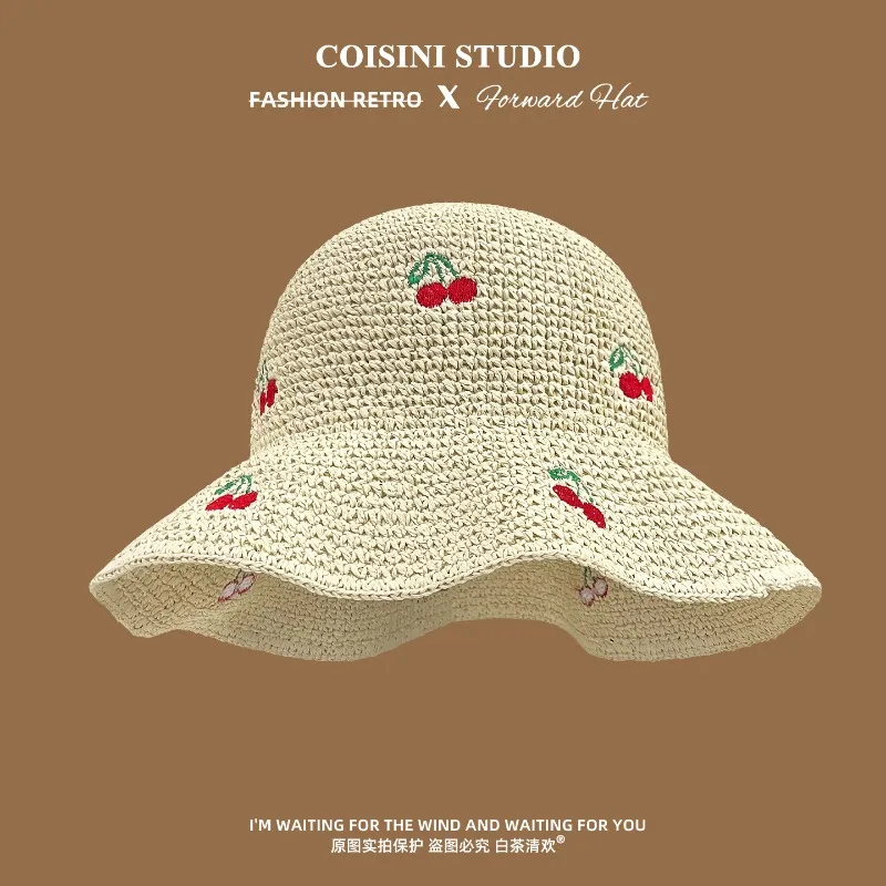 

Korean Cherry Embroidered Straw Hat Women's Spring and Summer Vacation Casual Large Brim Sunshade Foldable Breathable Sun Caps
