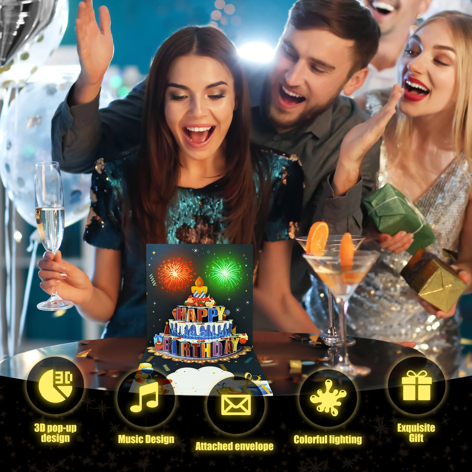 Birthday Cards Lights and Sound Pop up Happy Birthday Card Fireworks Birthday Greeting Cards 3D Pop up 3D Pop-Up with Envelope