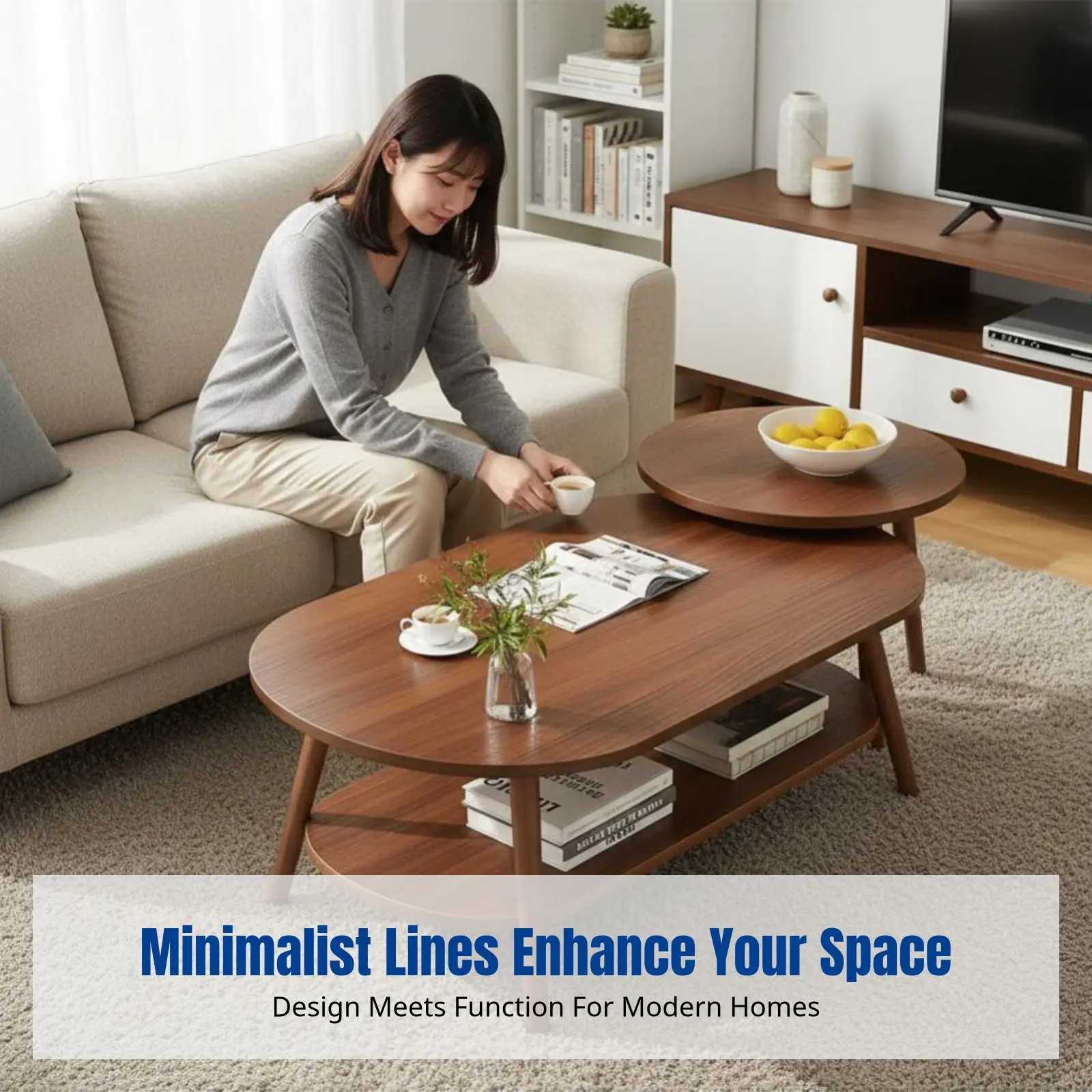 モダンなミニマリストコーヒーテーブル、二段収納、小さなアパート向け、木製サイドテーブル、複数のカラーオプション